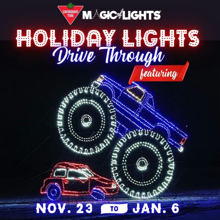 monster truck made of Christmas lights driving over small car made of Christmas lights