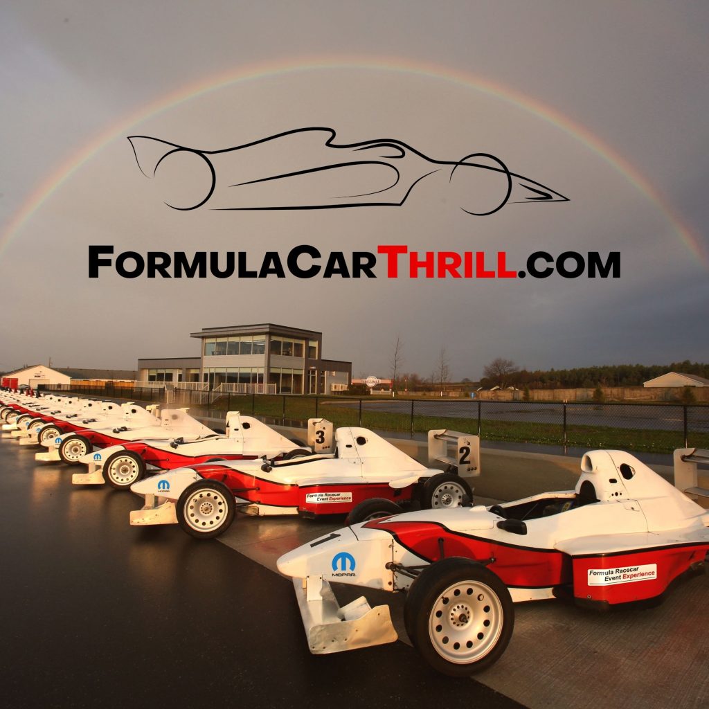 Formula Car Thrill Photo showing all the formula cars lined up with a rainbow above and the FormulaCarThrill.com logo.