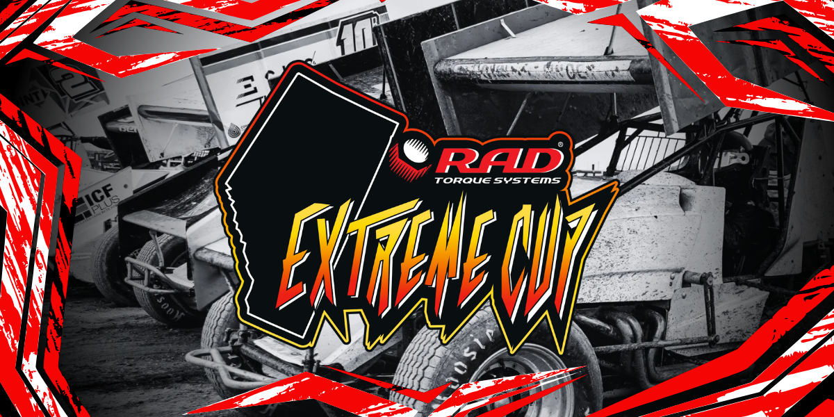 Alberta Extreme Cup event logo featuring a silhouette of the province of Alberta and the RAD Torque Systems logo, layered over a black-and-white photo of winged sprint cars.