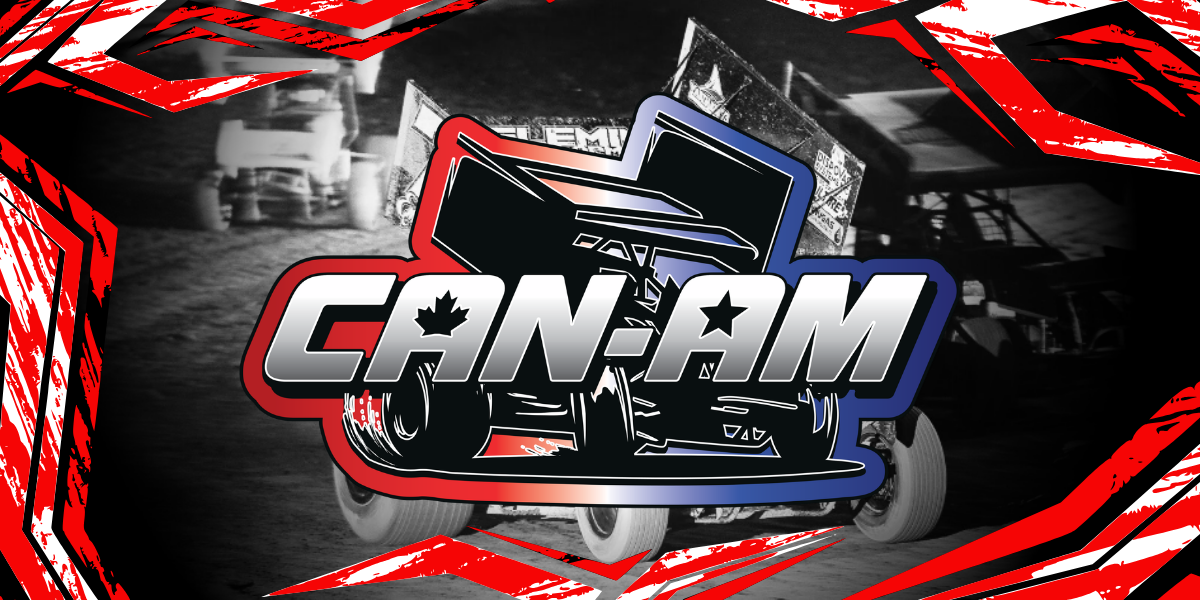 "CAN-AM" logo featuring a stylized sprint car, a Canadian maple leaf, and an American star, set against a black-and-white background of dirt track sprint cars racing.
