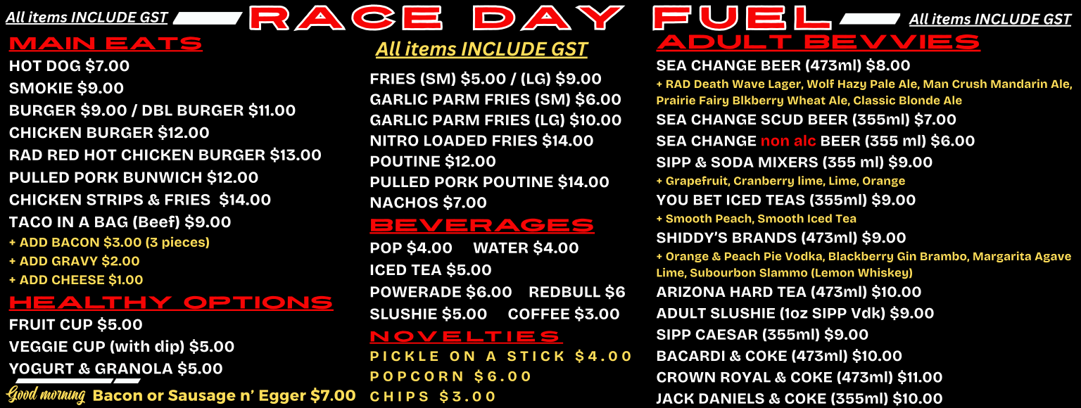 RAD Torque Raceway 2026 Concession Menu